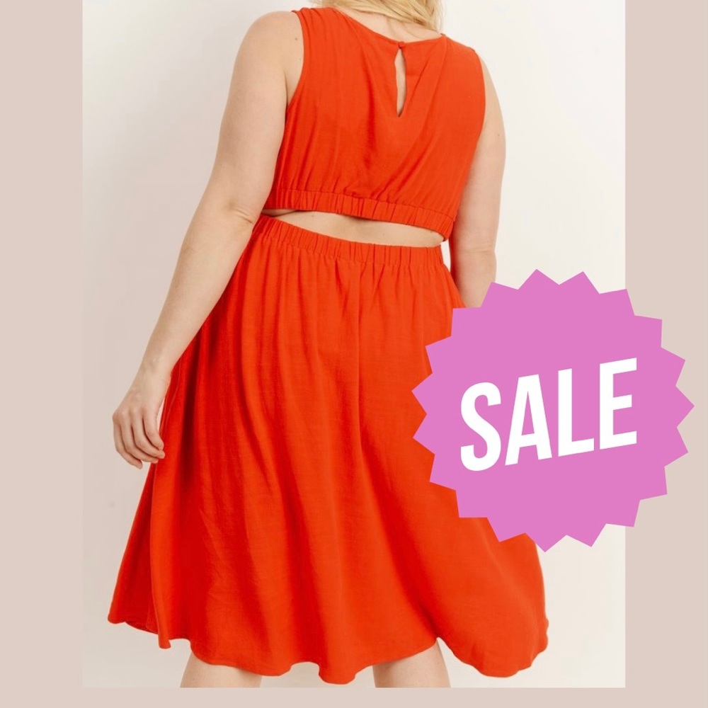 Plus Size Gilli Blood-Red Orange Mid-Length Summer Dress with Peek A Boo